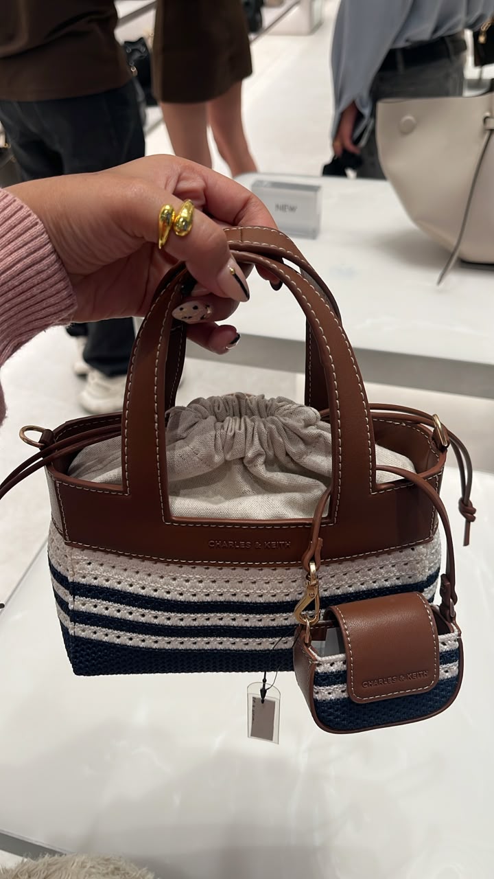 Charles & Keith Striped Crochet Drawstring Bucket Bag with Pouch